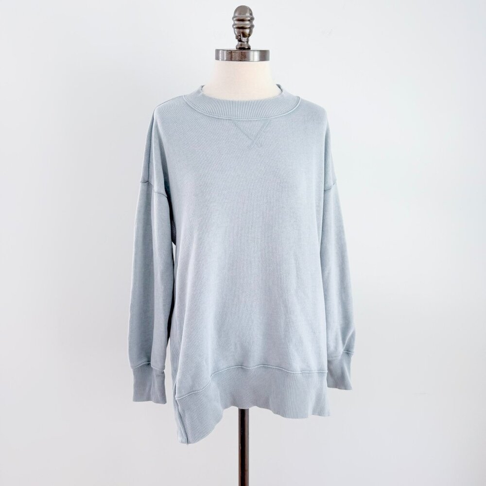 Aerie Oversized Cozy Crewneck Sweatshirt Long with Side Slits XS Blue Green